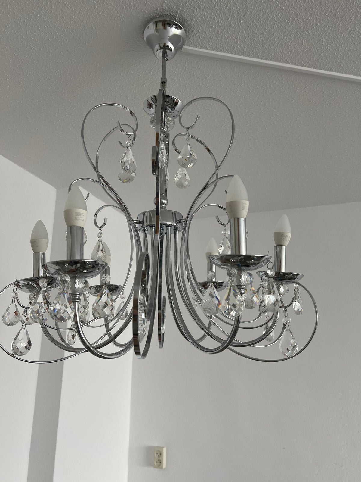 Moderne Kroonluchter met Kristallen - Chroom, Huis en Inrichting, Lampen | Kroonluchters, Ophalen, Gebruikt, Metaal, E14 (klein)