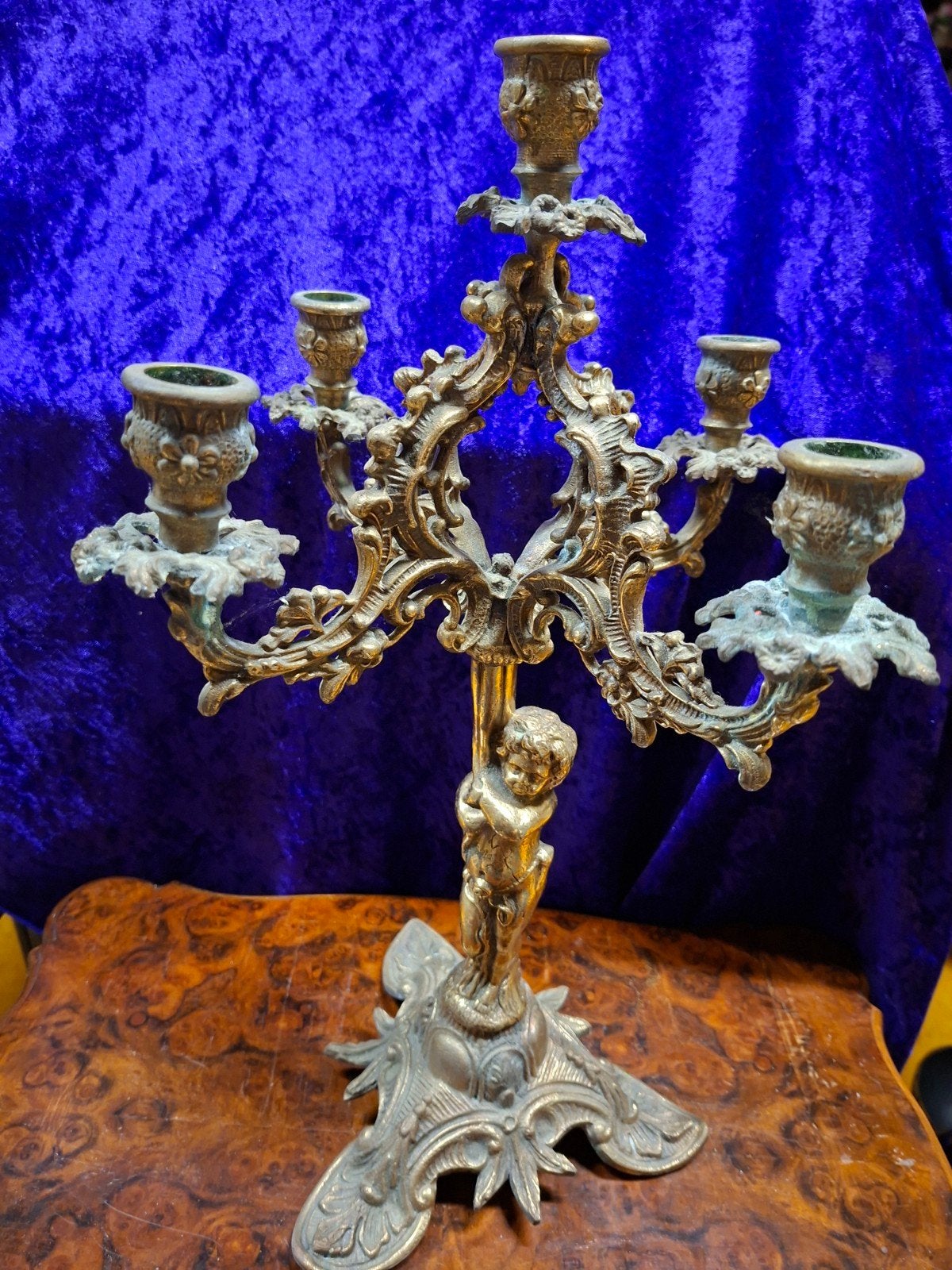 Prachtige Antieke Kandelaber met Cherubijn – Rococo Stijl, Antiek en Kunst, Ophalen of Verzenden, Koper of Brons