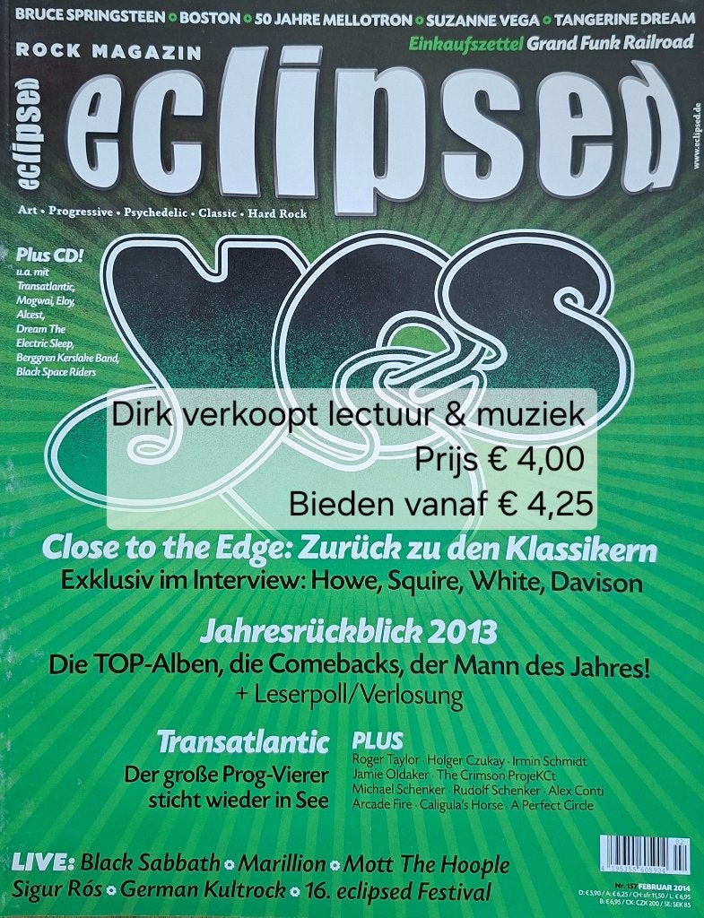 Duitstalig Rock magazin Eclipsed nr 157, 2014; Yes, Boston, Ophalen of Verzenden, Gebruikt, Boek, Tijdschrift of Artikel