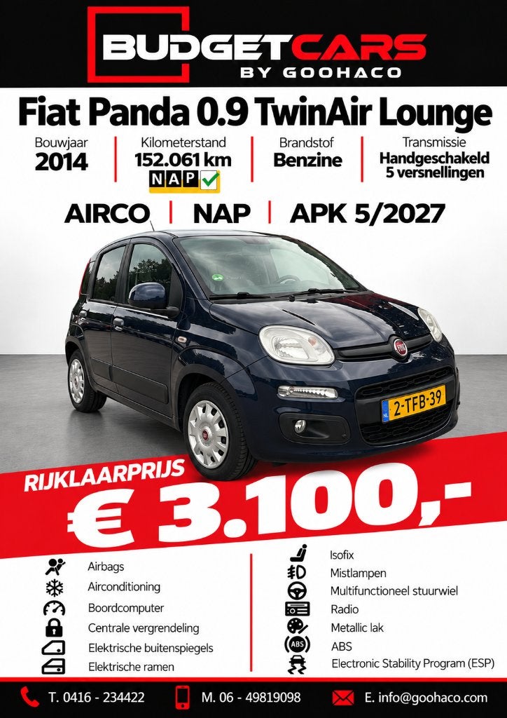 Fiat Panda 0.9 TwinAir Lounge 2014 | AIRCO | NAP |APK 5/2027, Stof, Panda, Electronic Stability Program (ESP), Origineel Nederlands
