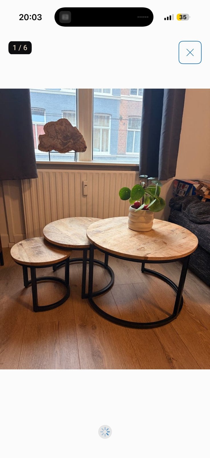 Bijzettafel salontafel set 3 mangohout zwart industrieel, Ophalen, Rond, 50 tot 100 cm, Zo goed als nieuw