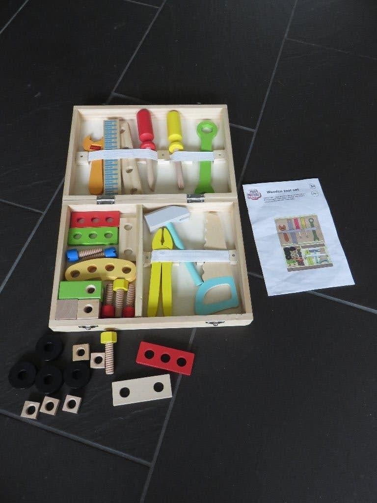 Houten gereedschapskoffer met 33 delige constructieset., Ophalen of Verzenden