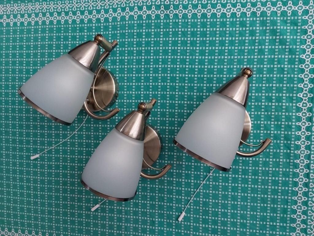 3 wandlampjes "Brons" met trekkoord, Ophalen, E14 (klein), Zo goed als nieuw, Glas