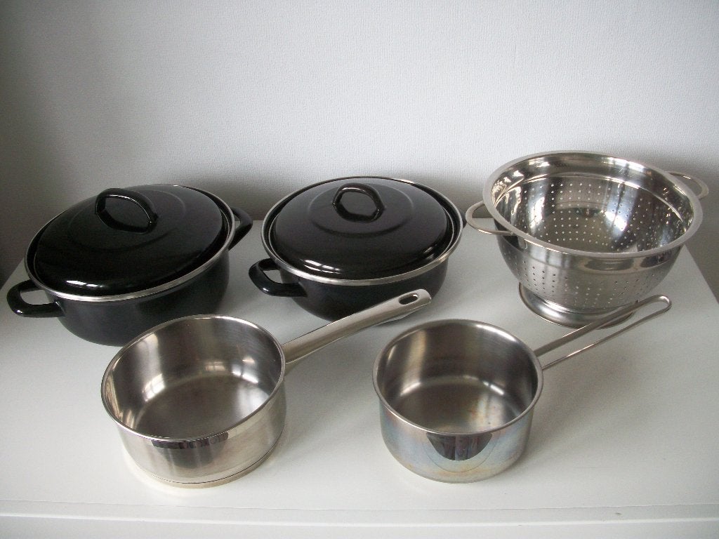 Pannenset - 2 Braadpan Steelpan Vergiet - per stuk - netjes, Ophalen of Verzenden, Gebruikt, Rvs