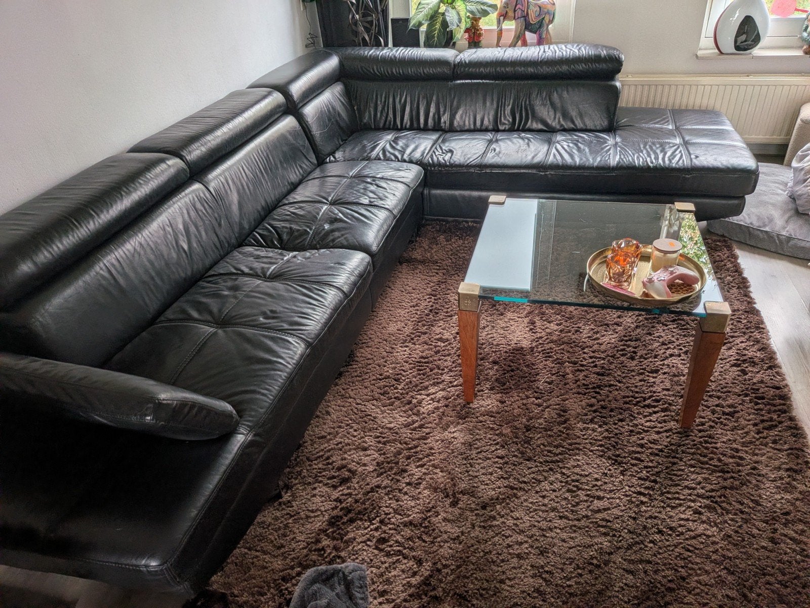 GRATIS grote leren hoekbank 225x235(scheur), Huis en Inrichting, Ophalen, Gebruikt, Leer