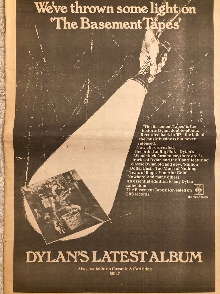 BOB DYLAN The Basement Tapes A3 advertentie, Ophalen of Verzenden, A1 t/m A3