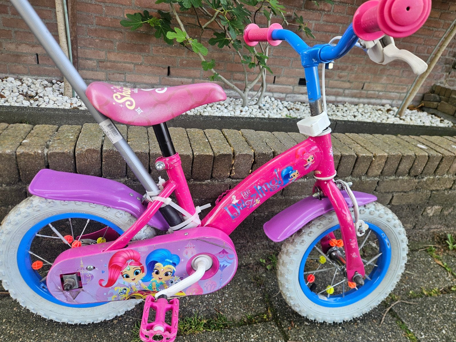 Roze kinderfiets met duwstang, Ophalen, Gebruikt, Minder dan 16 inch, Zijwieltjes