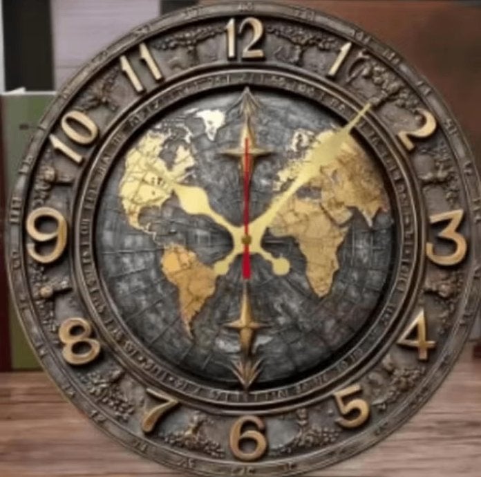 Ronde wandklok van hout Vintage Wereldkaart grijs (25cm), Ophalen of Verzenden, Nieuw, Wandklok