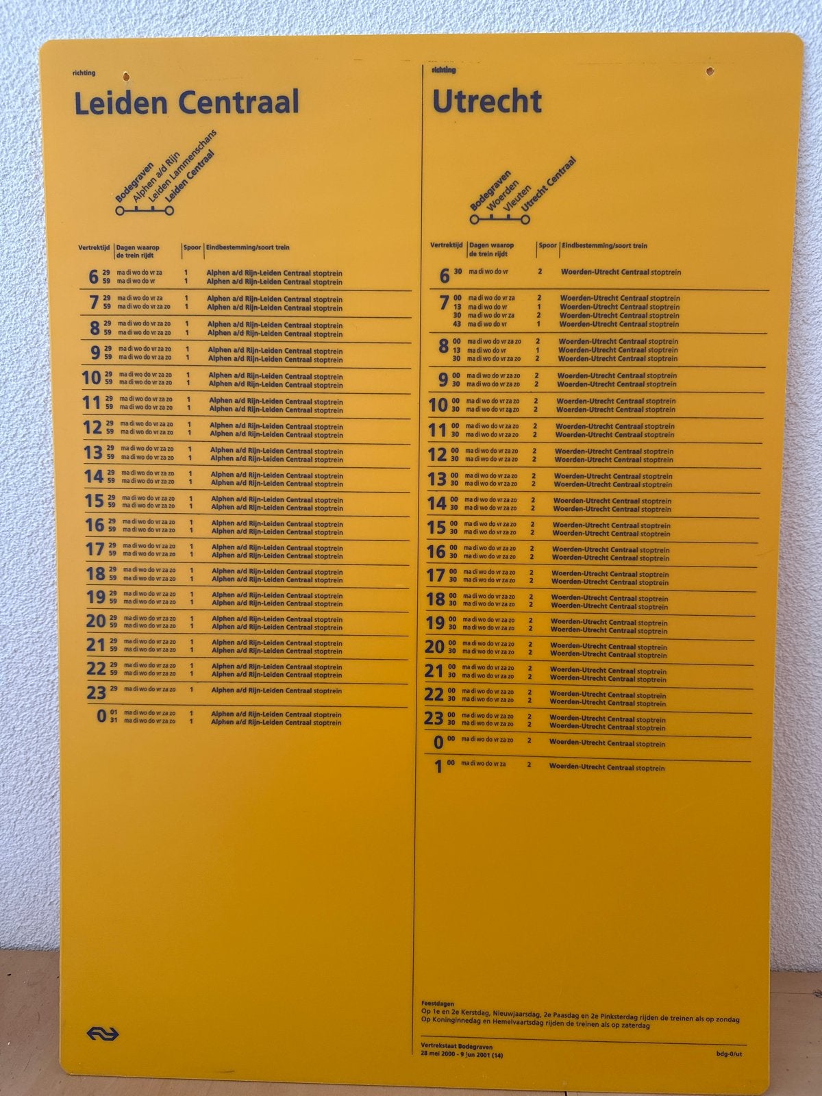 Origineel NS Trein Dienstregeling Bord Leiden/Utrecht, Verzamelen, Ophalen, Gebruikt, Trein, Overige typen
