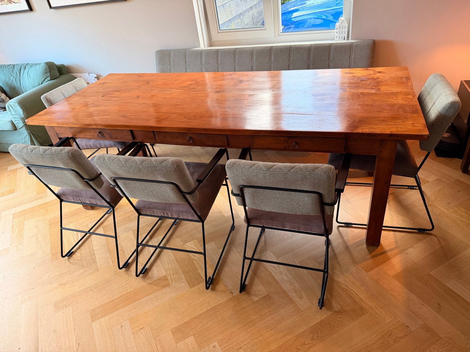 Eetkamerbank met 6 stoelen - Modern design, Ophalen, Modern design, Gebruikt, Bruin