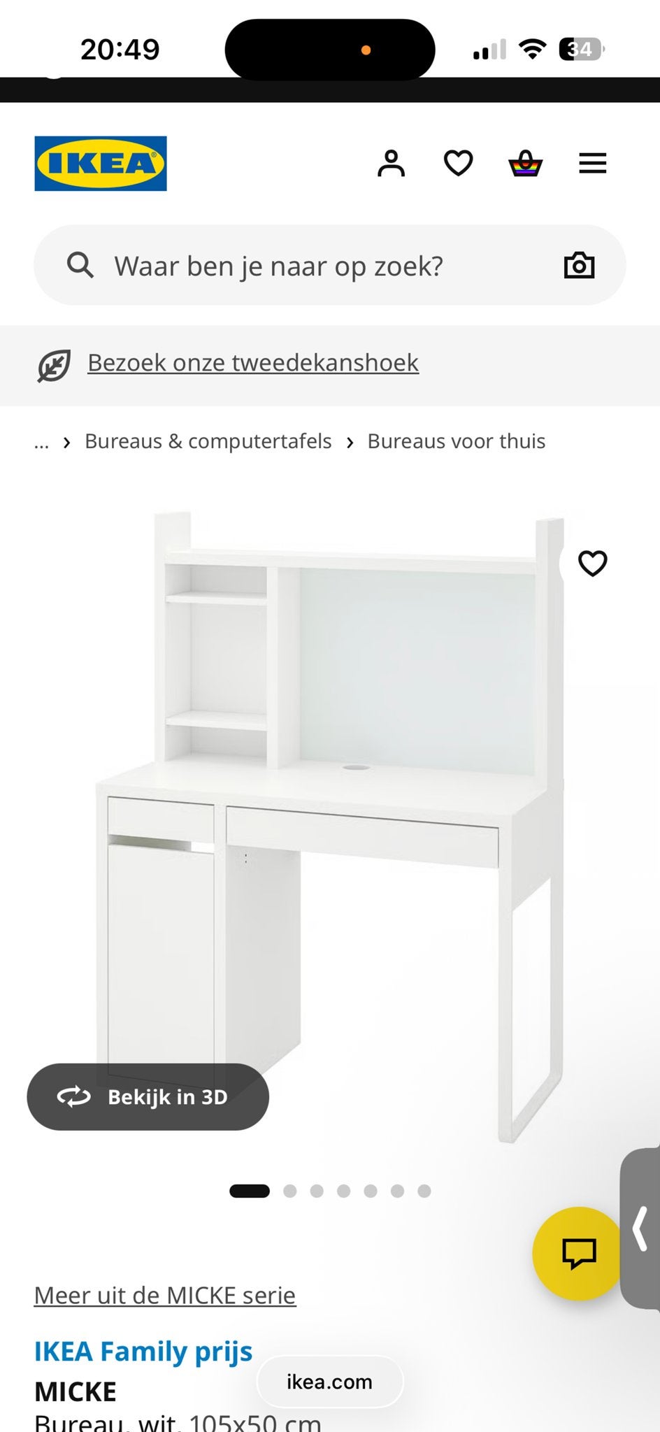IKEA MICKE Bureau wit - 105x50 cm, Ophalen, Opbergruimte, Gebruikt, Spaanplaat of MDF