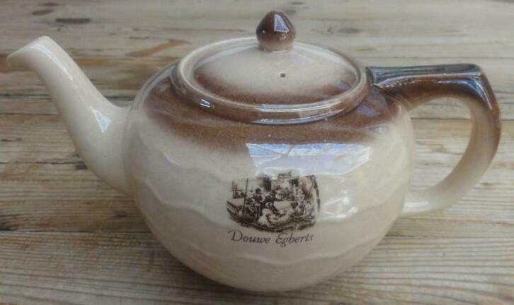 Vintage Douwe Egberts theepot, beige met bruin, Gebruikt, -, -, Overige typen