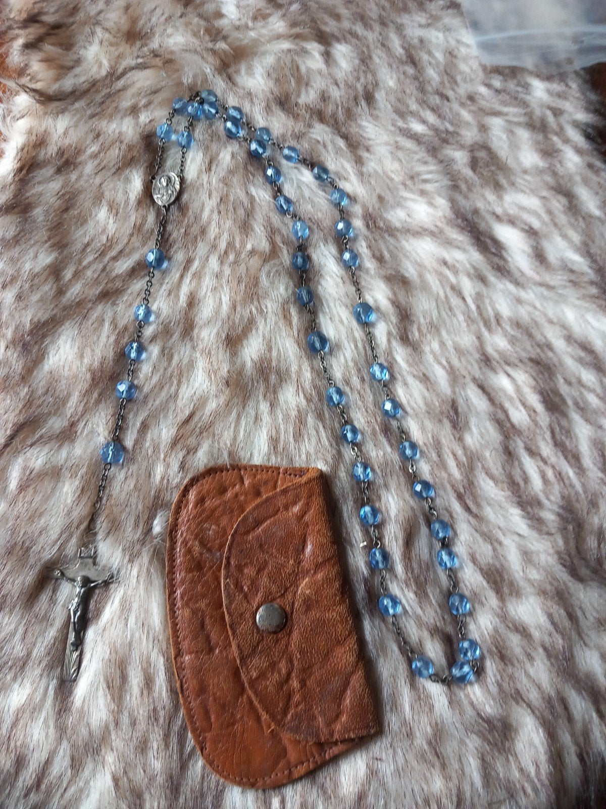 Antieke Rozenkrans met Blauwe Kralen en Kruis, Ophalen of Verzenden