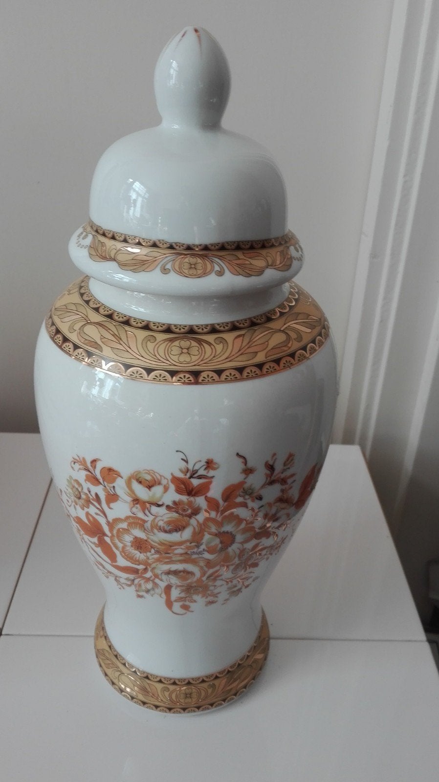 30h Nw. Prachtige siervaas + deksel handmade wit goud oranje, Meerkleurig, 30 cm, Handgemaakt, Nieuw