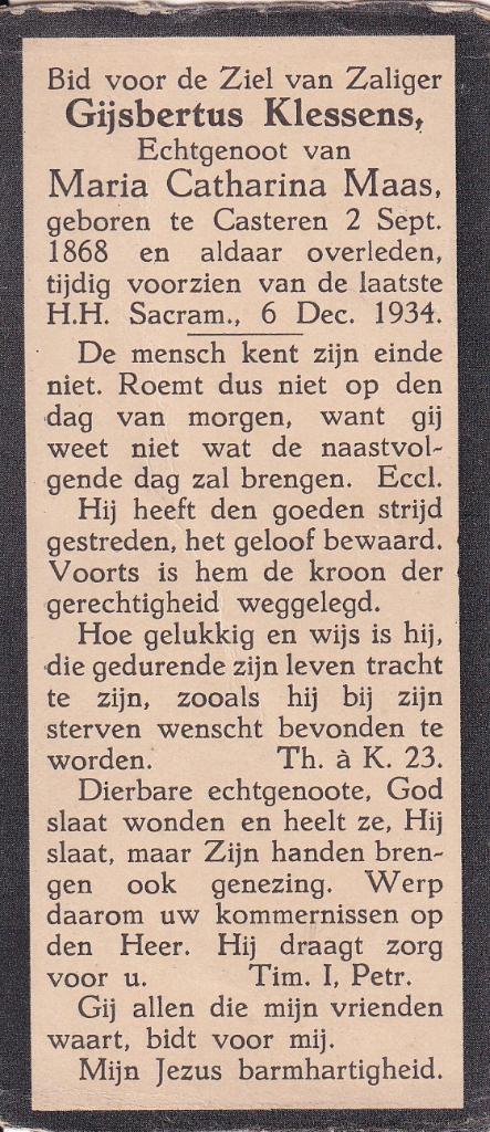 Klessens Gijsbertus 1868 Casteren 1934, Ophalen of Verzenden, Bidprentje