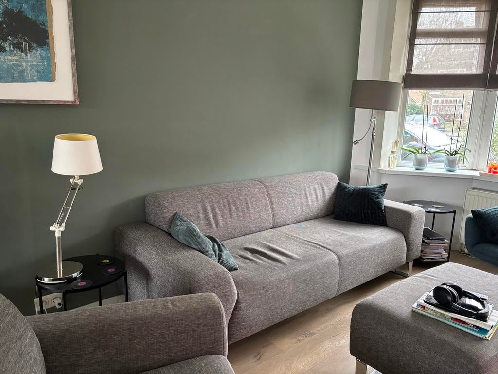 3-zitsbank, stoel en holker, grijs van Montel, Huis en Inrichting, Banken | Bankstellen, Ophalen, Gebruikt, Driepersoons, 75 tot 100 cm