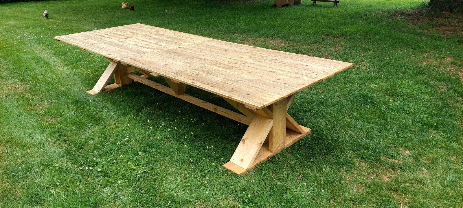 2x Robuuste houten tafel - 340x120x72 cm, Ophalen, Gebruikt, 100 tot 150 cm, 200 cm of meer