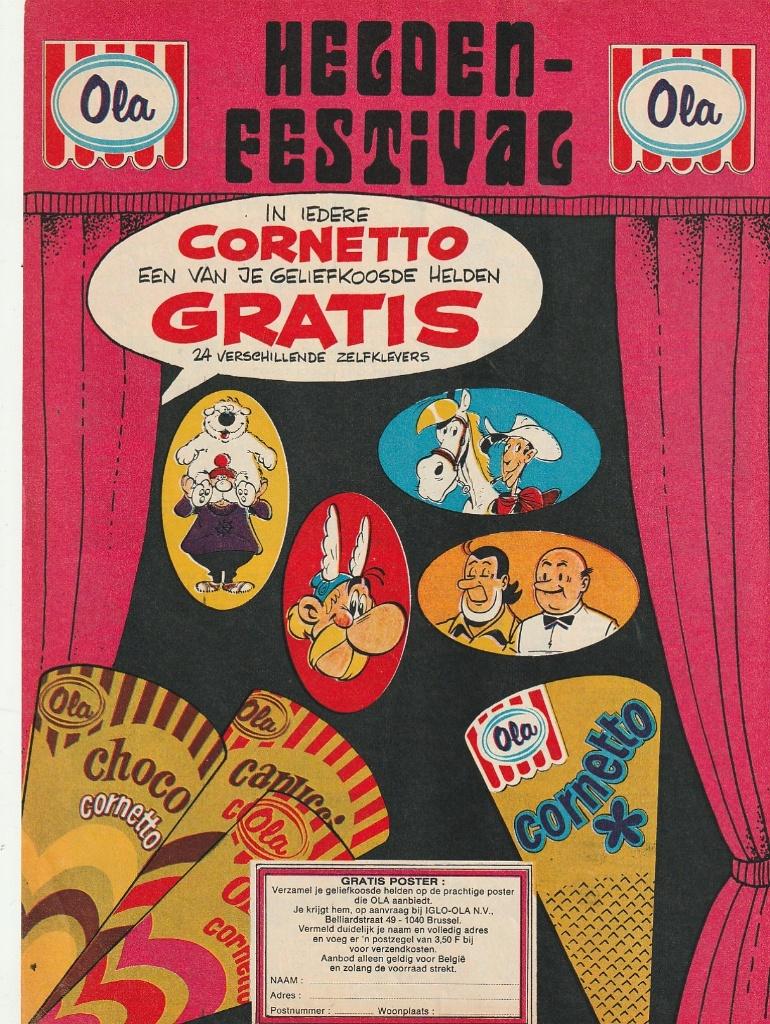 Retro reclame 1972 Ola Cornetto ijsje Suske Wiske Asterix, Verzenden, Overige typen