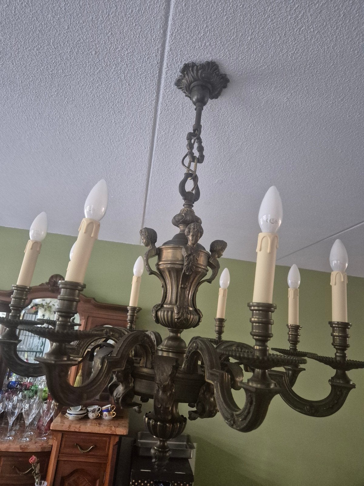 Antieke bronzen kroonluchter met 8 armen, Ophalen of Verzenden