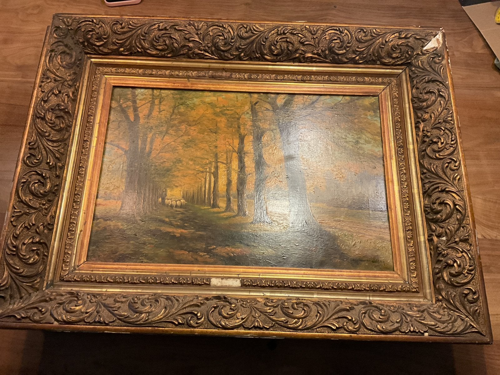 Oud schilderij met herder en schapen in bos, Ophalen
