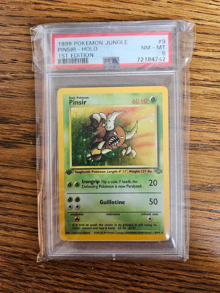 Pokemonkaarten - Pinsir 9/64 jungle 1st edition PSA 8, Verzenden, Zo goed als nieuw, Losse kaart, Foil