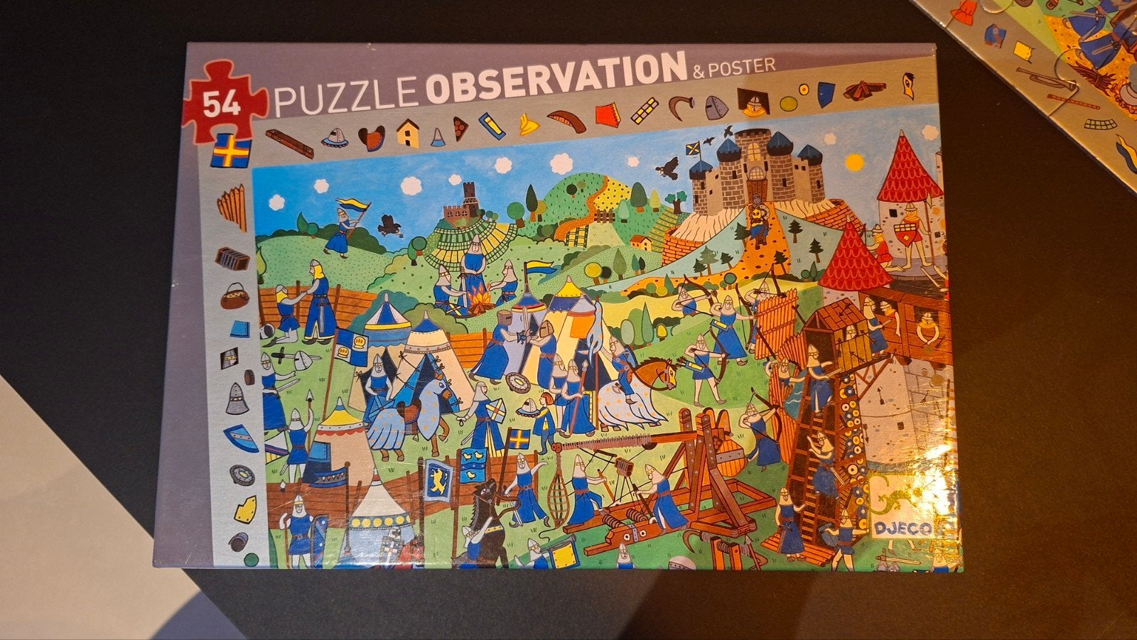 Djeco Observatie Puzzel Ridders 54 stukjes met poster, Ophalen of Verzenden, Meer dan 50 stukjes, Gebruikt, 4 tot 6 jaar