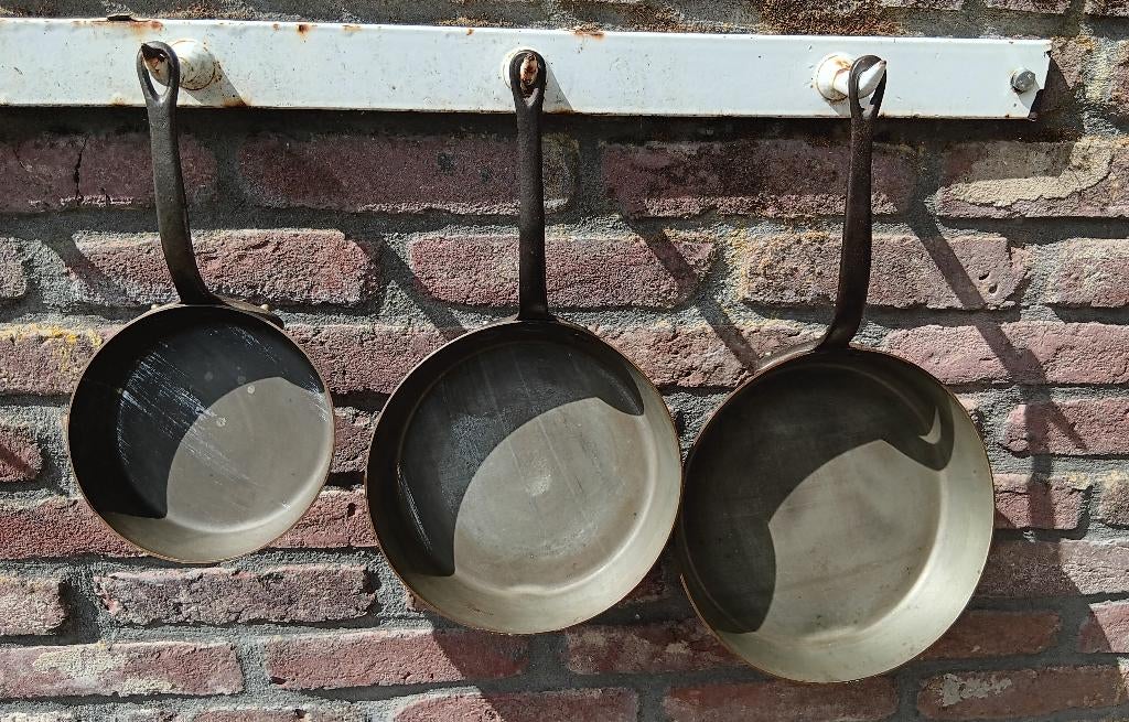 3 Vintage Falk koper tin geveegd steelpan new old stock K40, Huis en Inrichting, Kookpan of Snelkookpan, Overige materialen, Keramische plaat