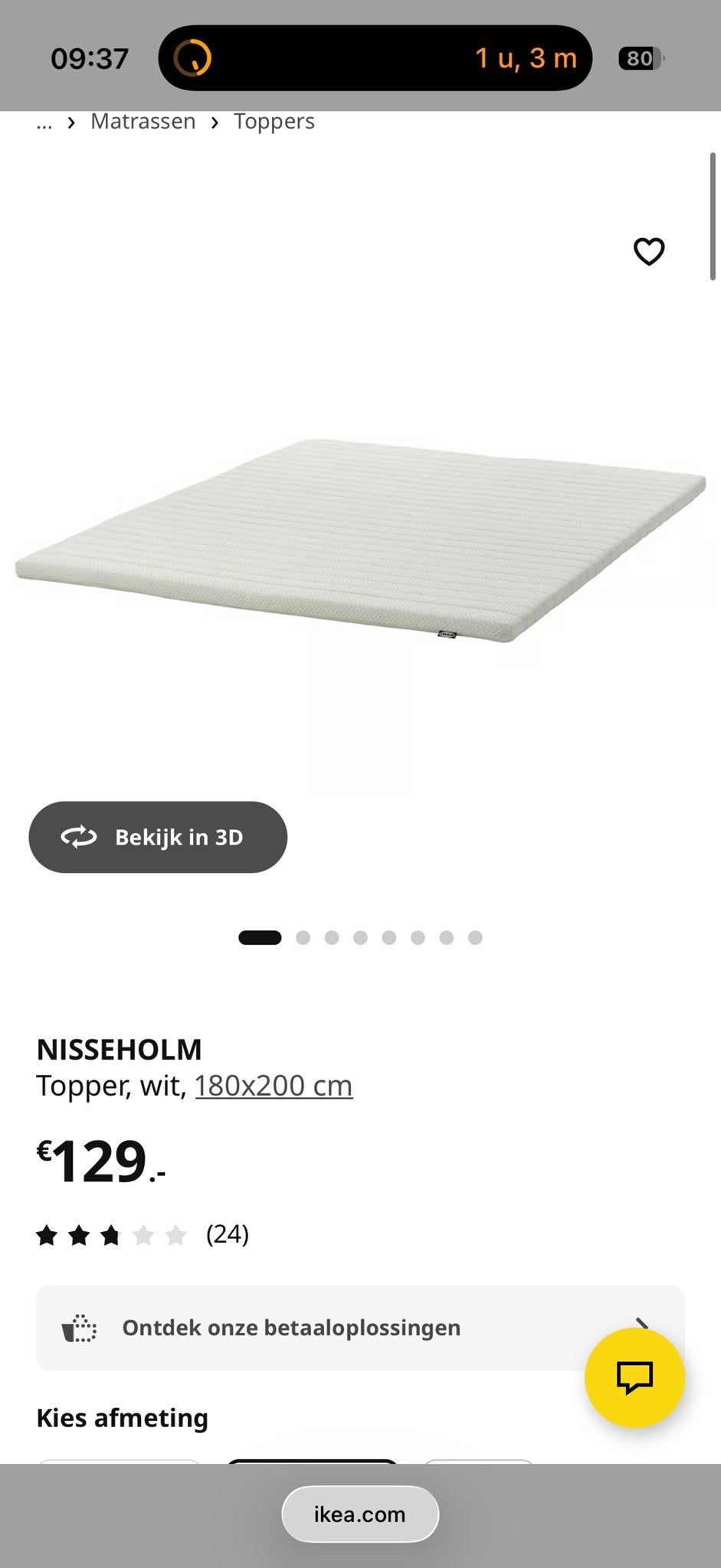 Ikea Nisseholm Topper, wit, 180x200 cm, Ophalen, Gebruikt, Tweepersoons, Matras