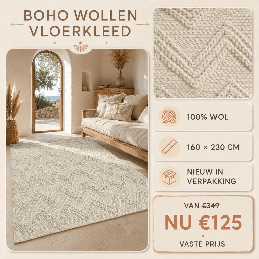 vloerkleed wol ibiza boho stijl 160 x 230 cm van 349 nu €125, Ophalen, Crème, 150 tot 200 cm, Ibiza boho