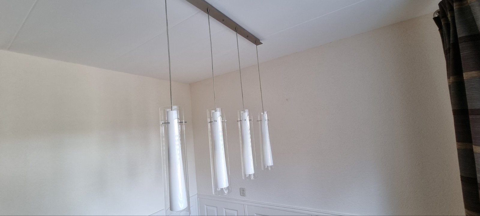 Moderne hanglamp met 4 glazen cilinders, Ophalen, Gebruikt, Glas, Modern