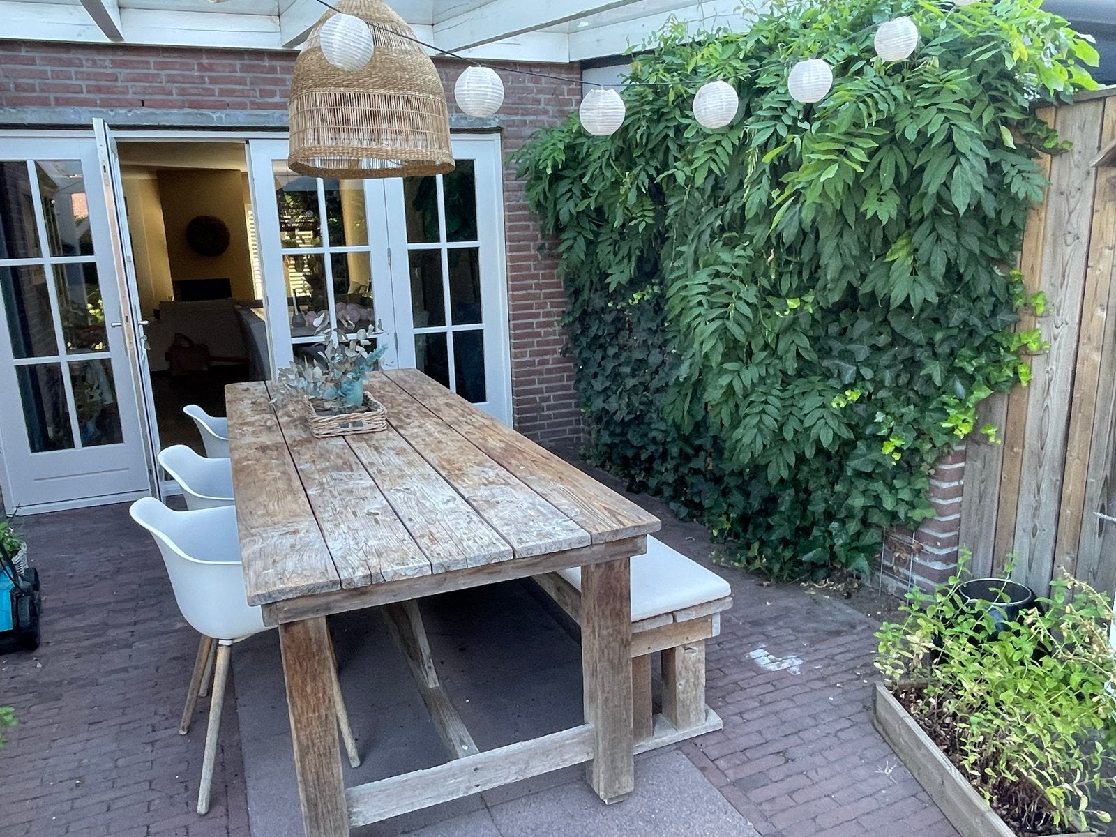 Steigerhouten tuintafel met bankje - 265 cm, Ophalen, Gebruikt, Rechthoekig, Hout