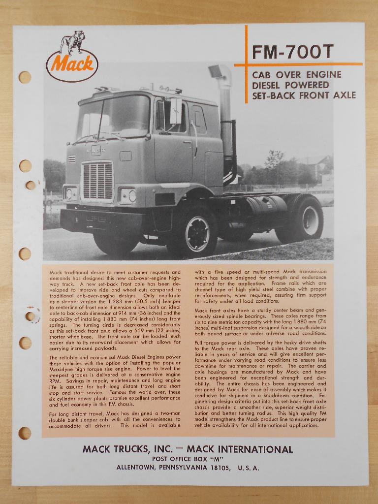 Mack FM-700T Technische Specificatie Brochure 1978, Mack, Ophalen of Verzenden, Zo goed als nieuw, Overige merken