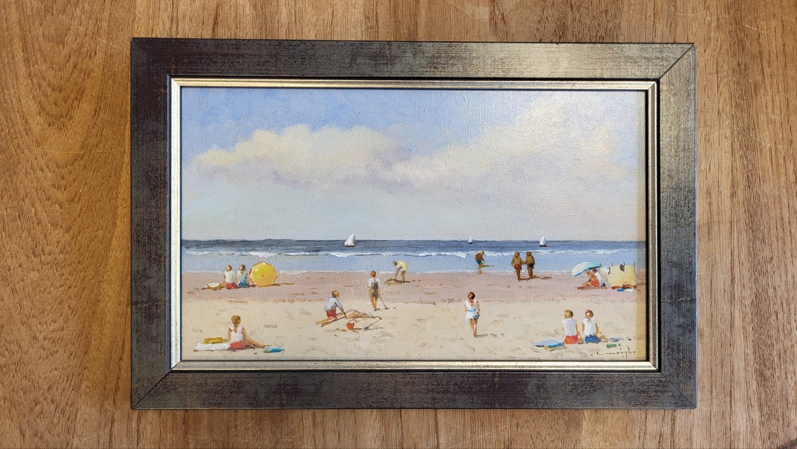 Schilderij strandgezicht met badgasten en boten, Impressionistisch, Ophalen of Verzenden, Gesigneerd, Olieverf