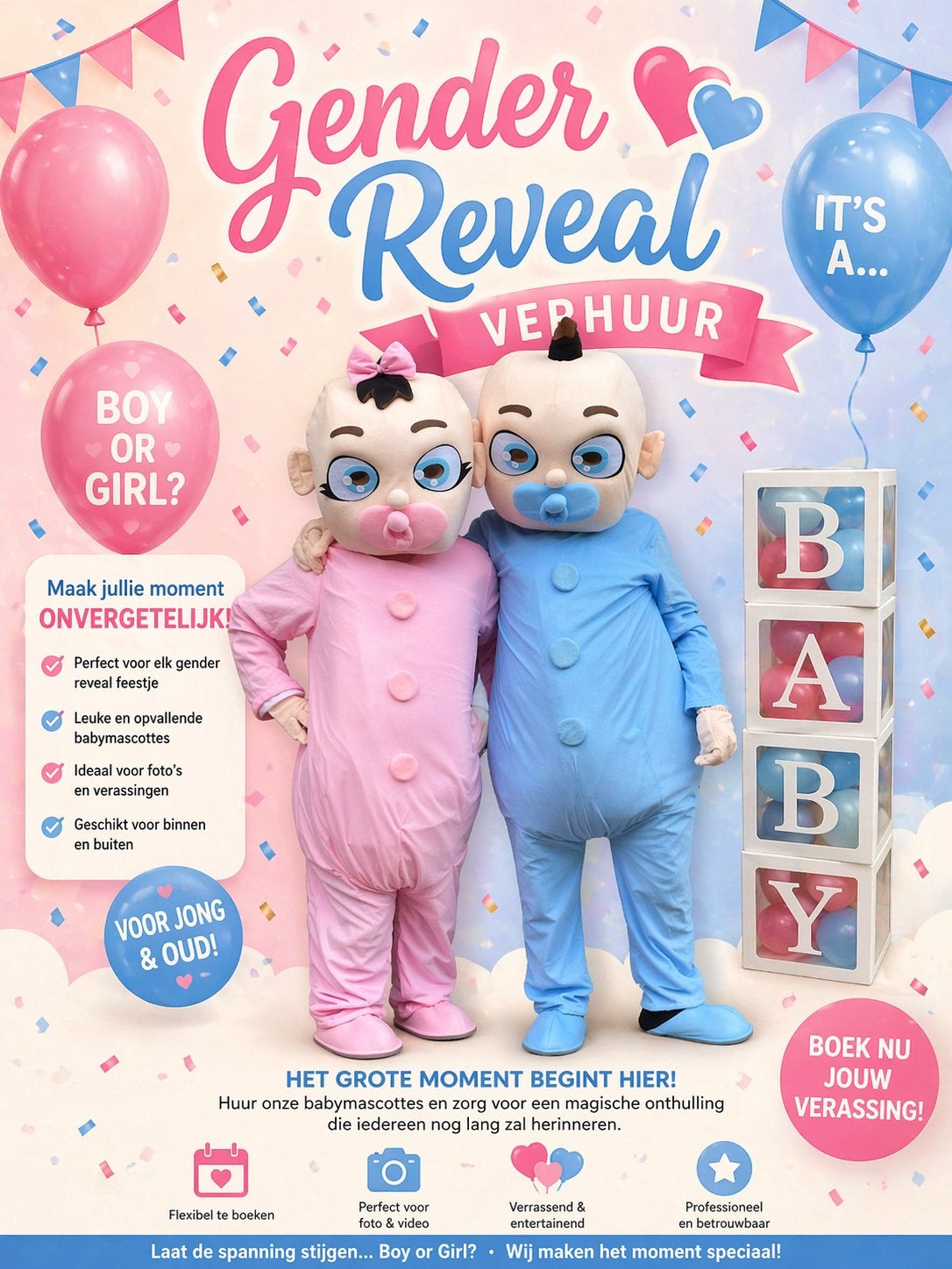 Gender Reveal Mascottepakken Verhuur, Hobby en Vrije tijd, Feestartikelen | Verhuur, Ophalen of Verzenden, Zo goed als nieuw, Abraham of Sarah
