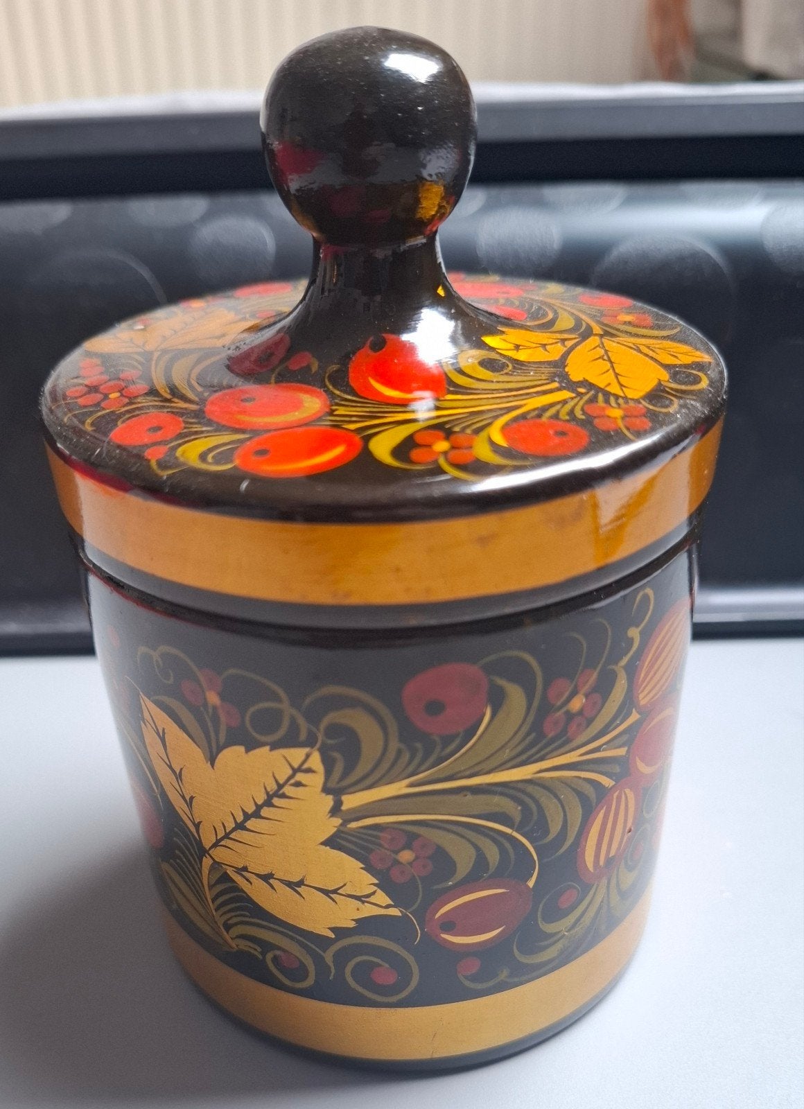 Vintage Russische Khokhloma Houten Potje met Deksel, Antiek en Kunst, Curiosa en Brocante, Ophalen of Verzenden