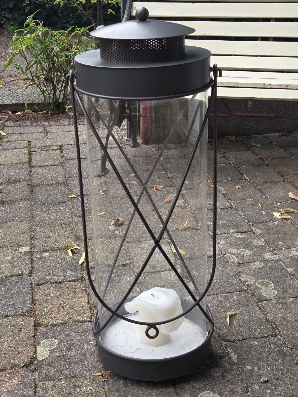 Grote zwarte lantaarn met glazen cilinder, Ophalen, Gebruikt, Lantaarn, Zwart