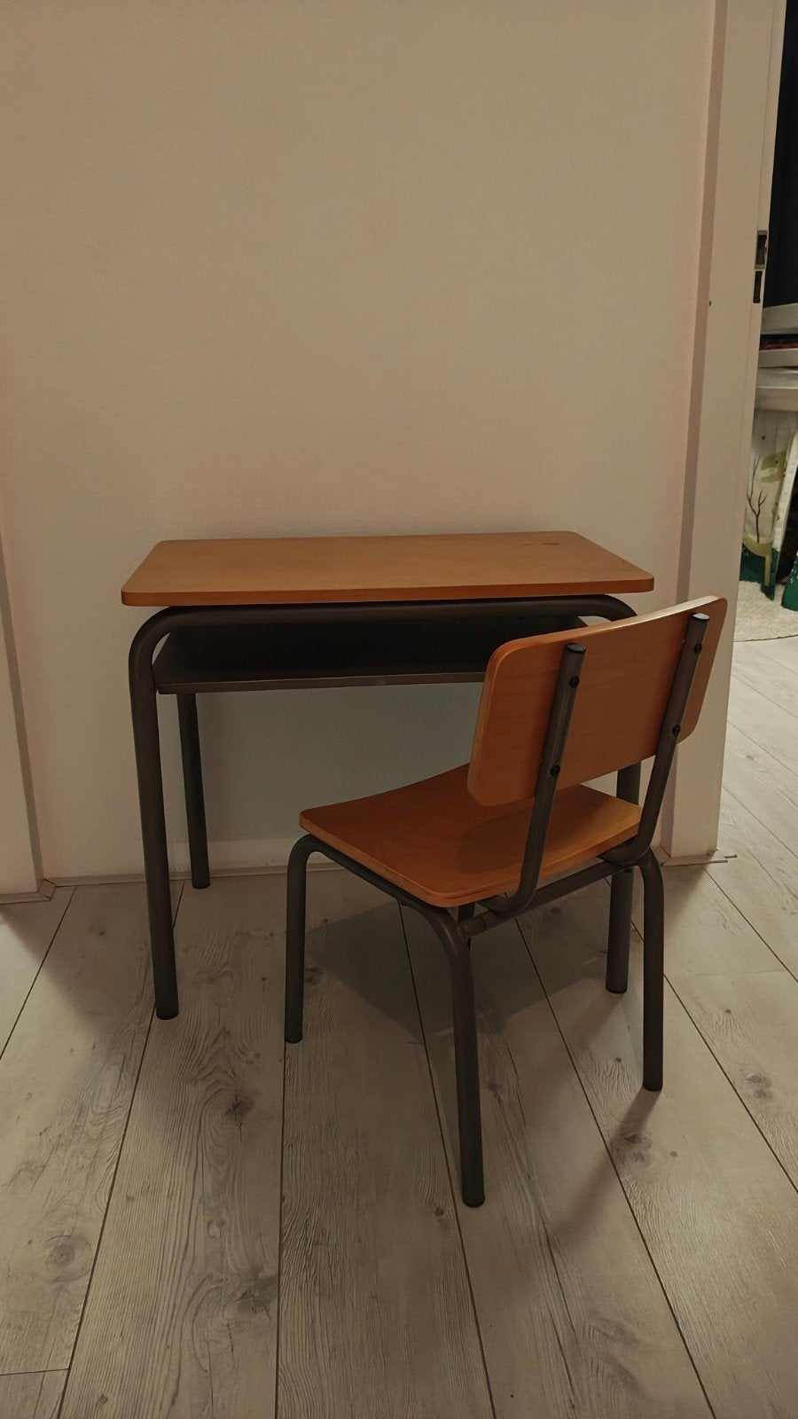 Vintage schoolbankje met stoel, Ophalen, Gebruikt, Tafel(s) en Stoel(en)