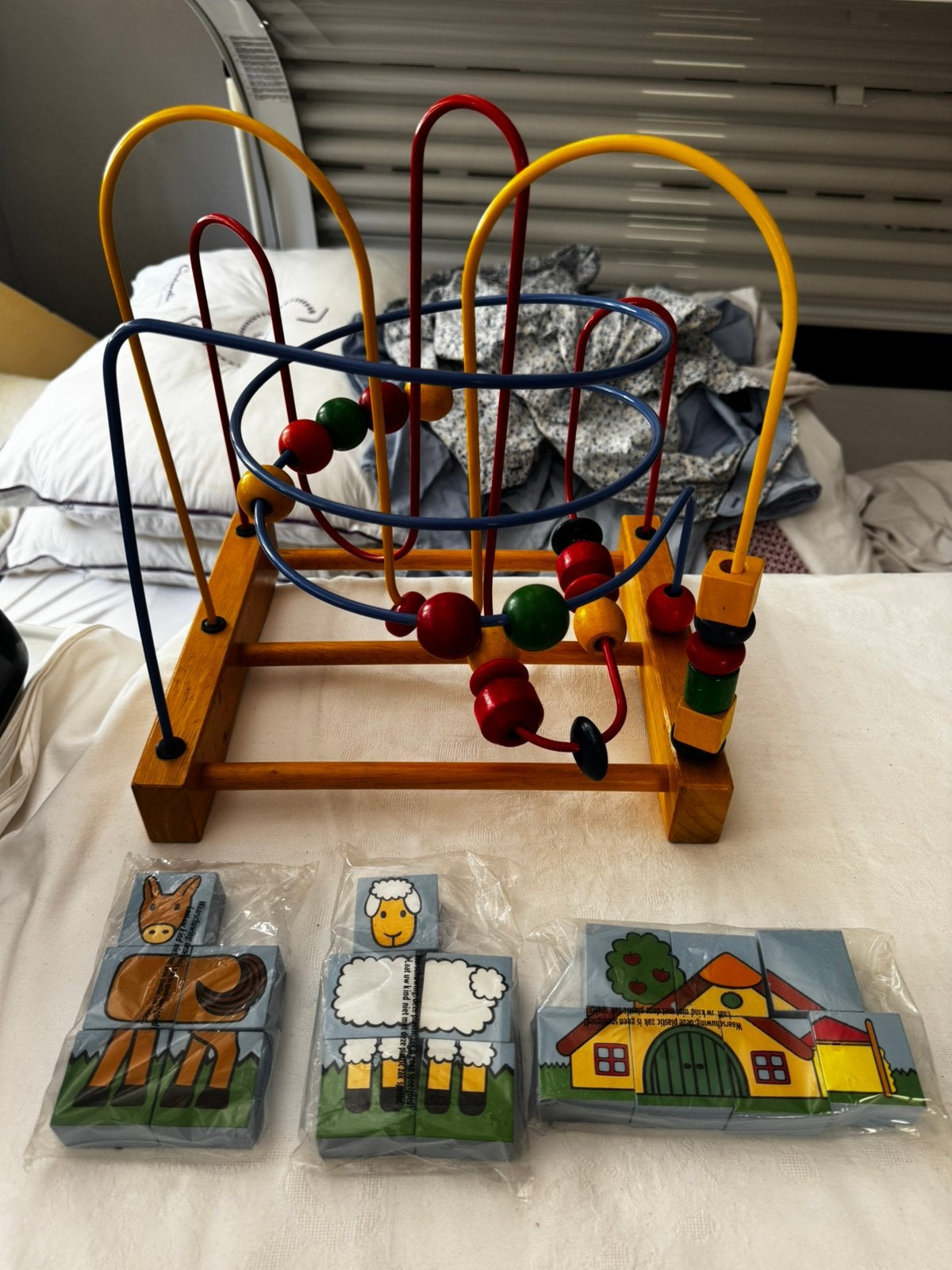 Houten speelgoed bundel IKEA kralenspiraal + blokkenpuzzels, Ophalen of Verzenden, Zo goed als nieuw