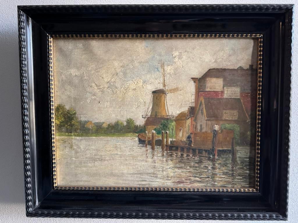 Afbeelding: Molen in Hollandse polder a. h. water ., Antiek en Kunst, Kunst | Schilderijen | Klassiek, Ophalen