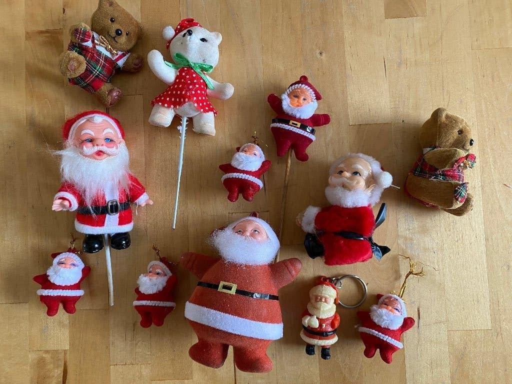 12 Vintage Kerst geflokte beer Kerstman knijppopje zie foto, Ophalen of Verzenden, Zo goed als nieuw