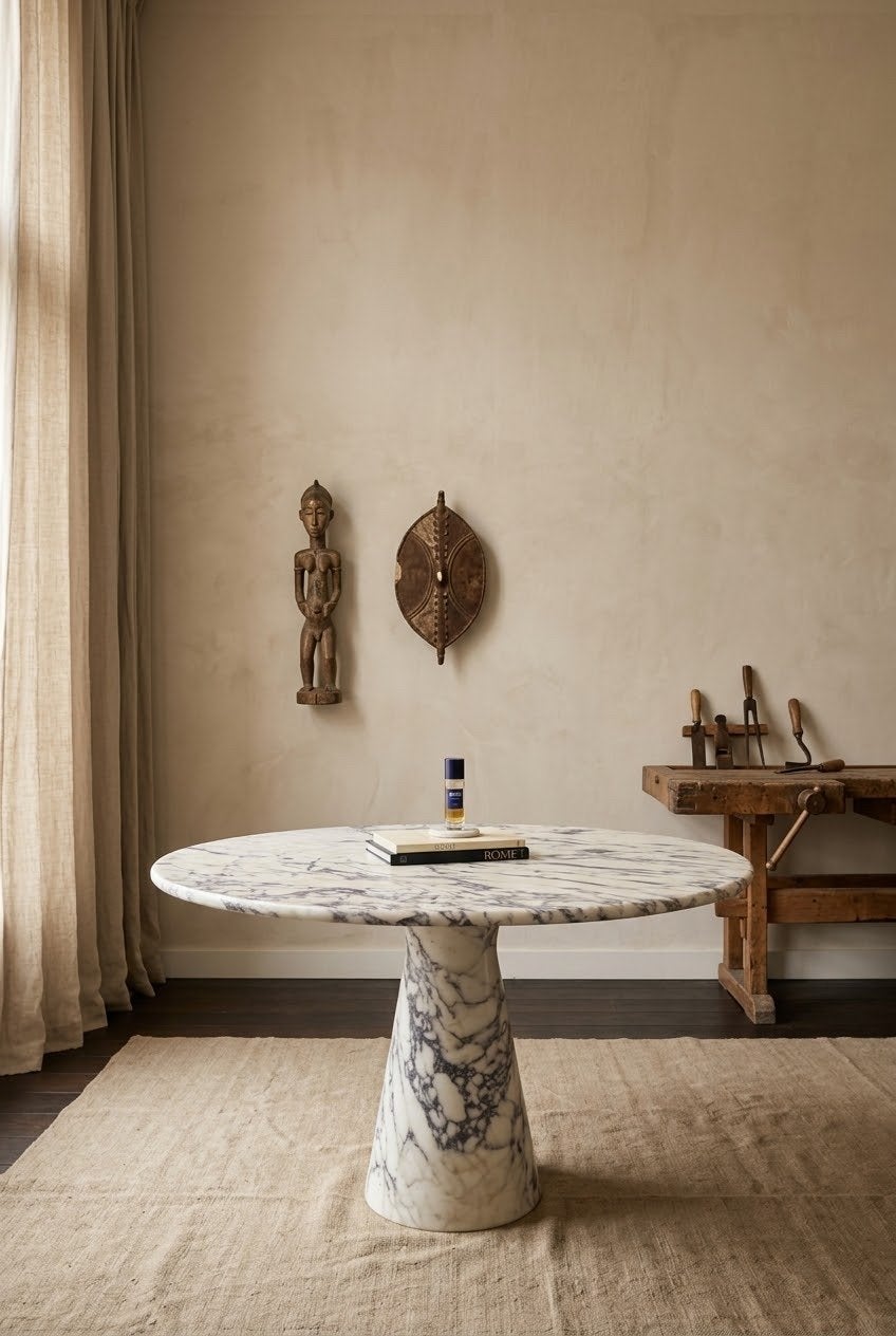 Calacatta eettafel met conische poot - diameter 130 cm, Ophalen of Verzenden