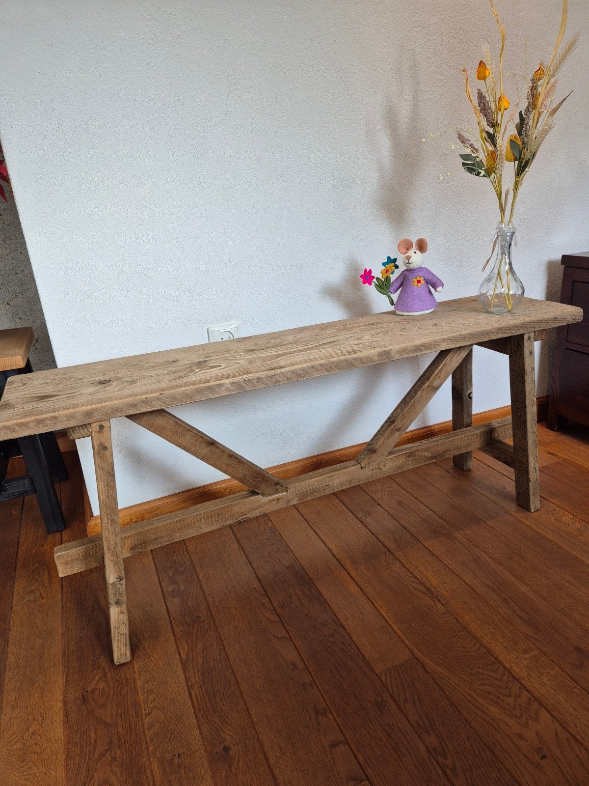 Houten zitbankje van geborsteld steigerhout 120x50x27cm, Ophalen, Gebruikt