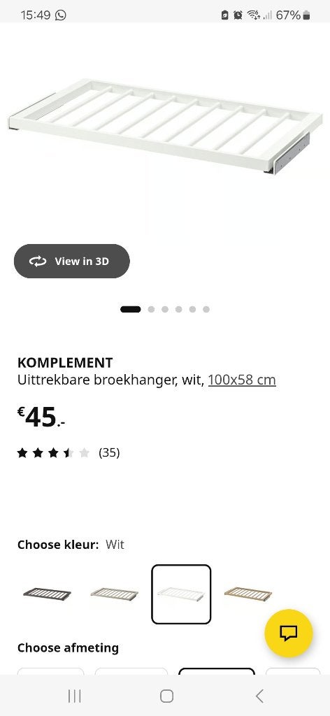 2x IKEA KOMPLEMENT Uittrekbare broekhanger wit 100x58 cm, Ophalen, 50 tot 100 cm, Zo goed als nieuw, Minder dan 100 cm