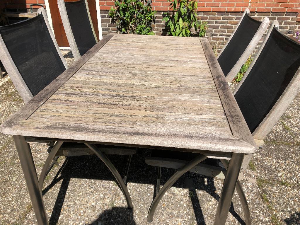 Tuintafel met 4 tuinstoelen merk Kings Teak, Tuin en Terras, Tuinsets en Loungesets, Ophalen, 4 zitplaatsen, Gebruikt, Teakhout