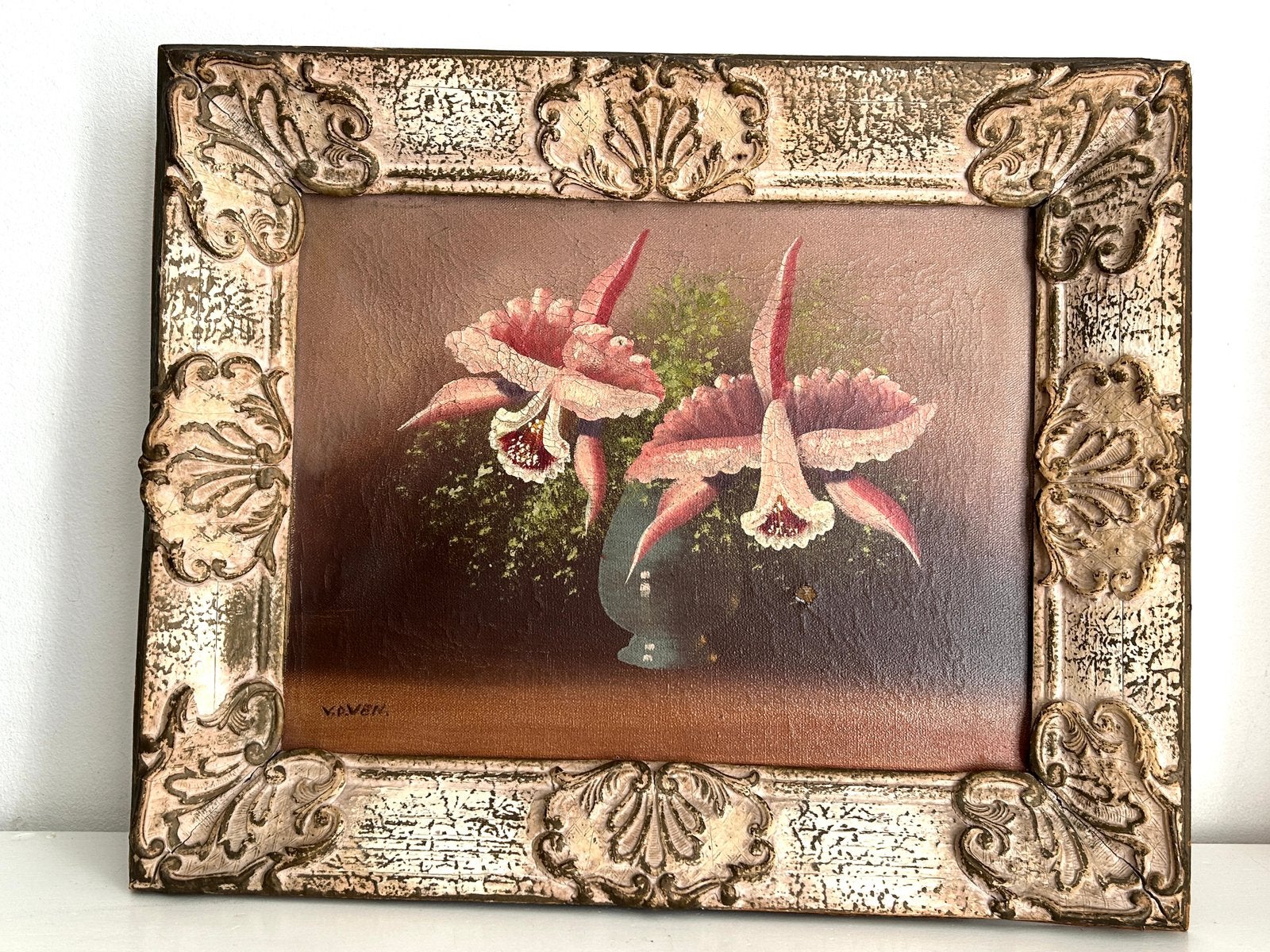 Antiek olieverf schilderij orchideen houten barok lijst, Ophalen, Schilderij