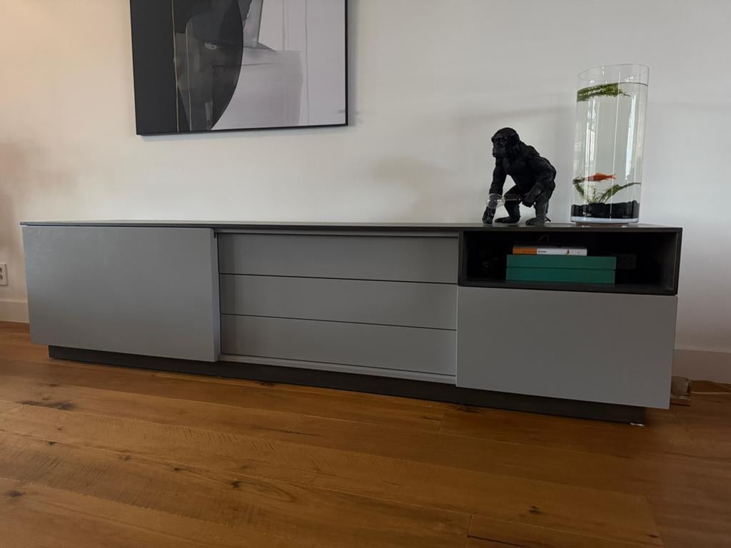 Dressoi / tv-dressoir modern grijs met donker (vol) eiken, Ophalen, Eikenhout, Zo goed als nieuw, 200 cm of meer
