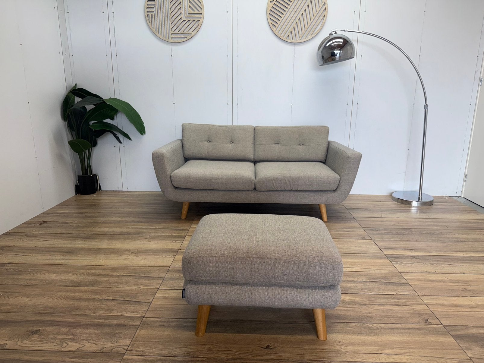 SOFACOMPANY 2,5-zits Bank met Hocker – Beige/Grijs, Gebruikt, Stof, Ovaal, 125 cm of meer