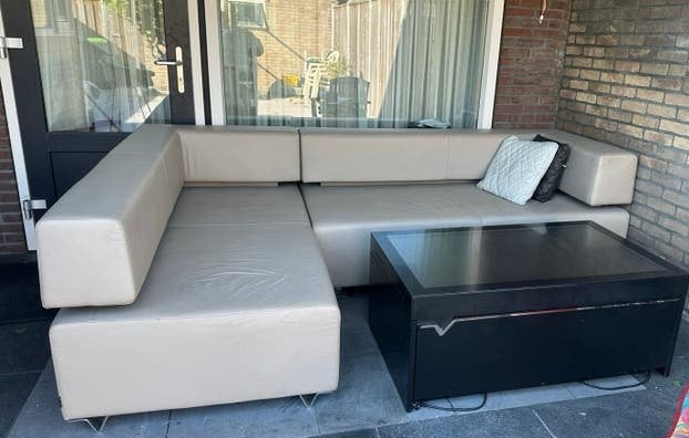 Mooie Hitch Mylius leren hoekbank – beige- 263x176 cm, Huis en Inrichting, Gebruikt, Hoekbank, Ophalen of Verzenden, Vierpersoons of meer