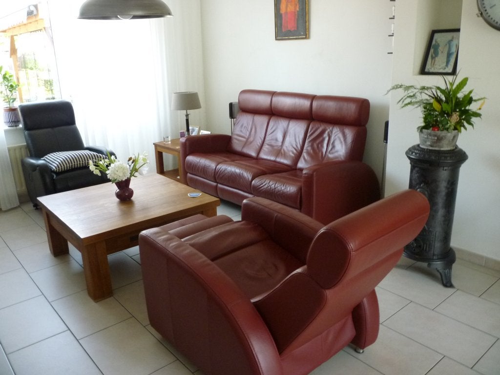 Mooi rood bankstel + Relaxfauteuil dik leer, Ophalen, Gebruikt, Minder dan 75 cm, 150 tot 200 cm