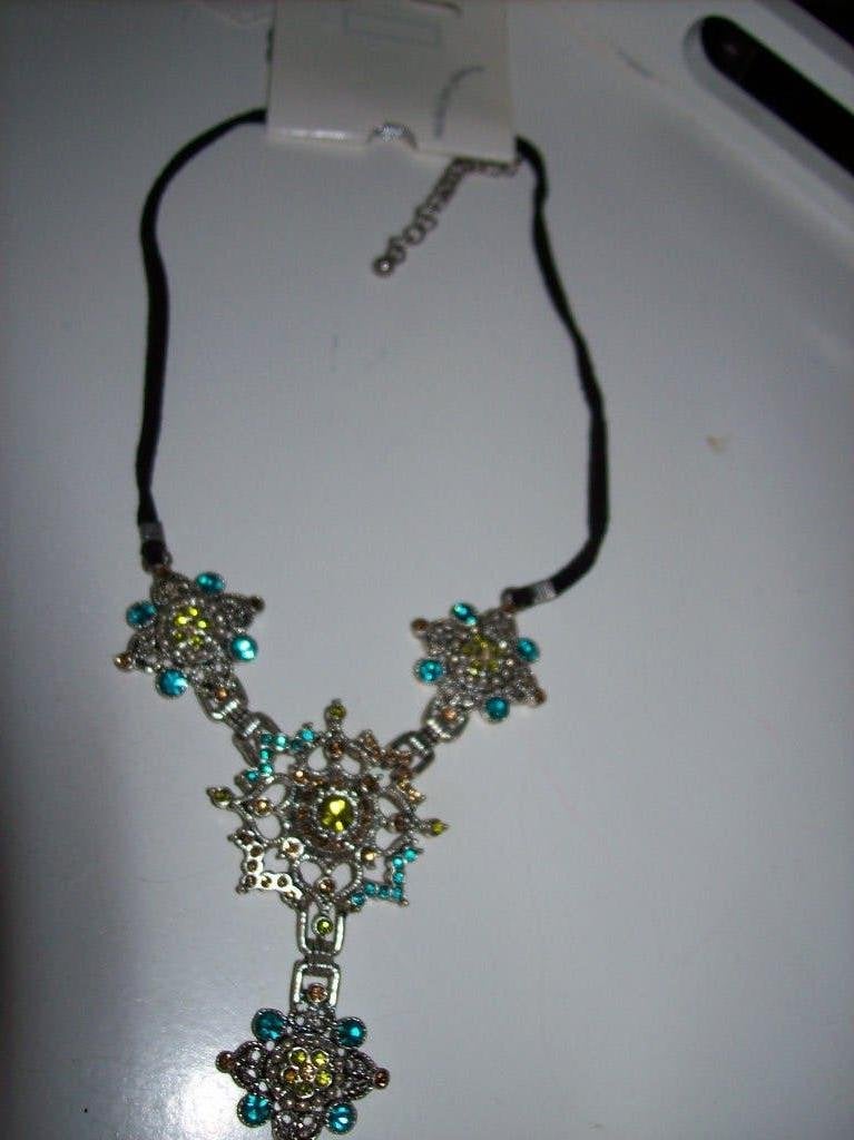 Ketting Zwart Koord Fraaie Zilvertint Blauwe Kristal hanger, Sieraden, Tassen en Uiterlijk, Kettingen, Overige kleuren, Verzenden